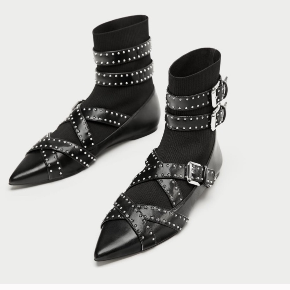 ZARA STUDDED BUCKLE FLAT SOCK BLACK POINTED ANKLE BOOTS NEW WITH TAGS US 6.5